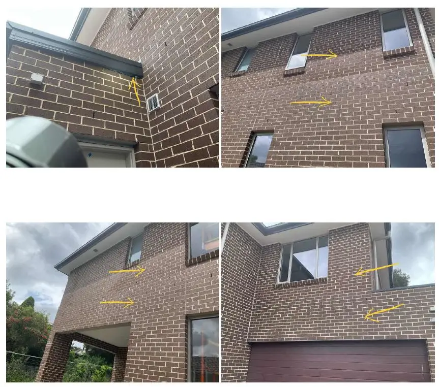 Building inspector checking external finish and observed inconsistent brick shade during a practical completion inspection in Sydney home.
